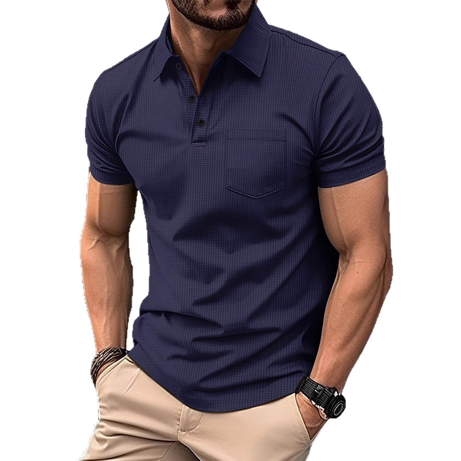Slim-fitting Turtleneck Pocket Waffle Top with Short Sleeves