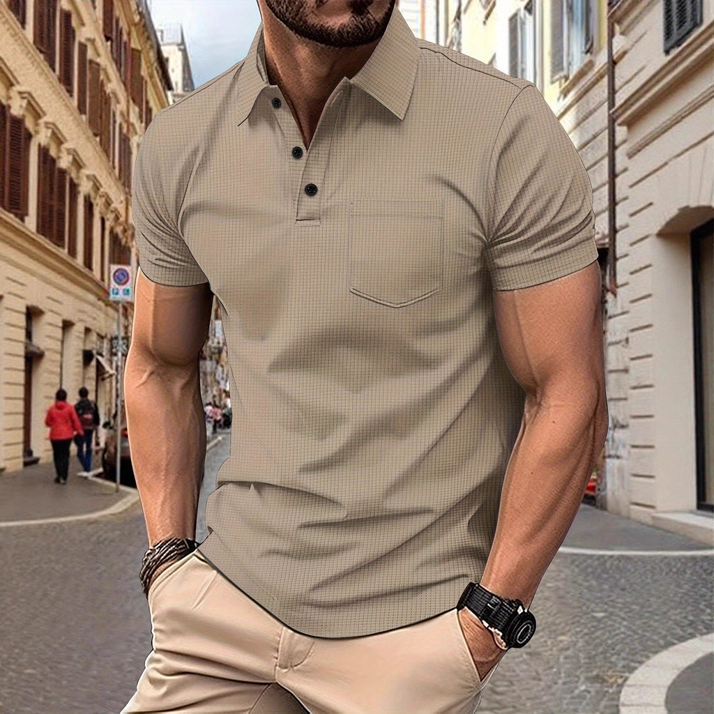 Slim-fitting Turtleneck Pocket Waffle Top with Short Sleeves