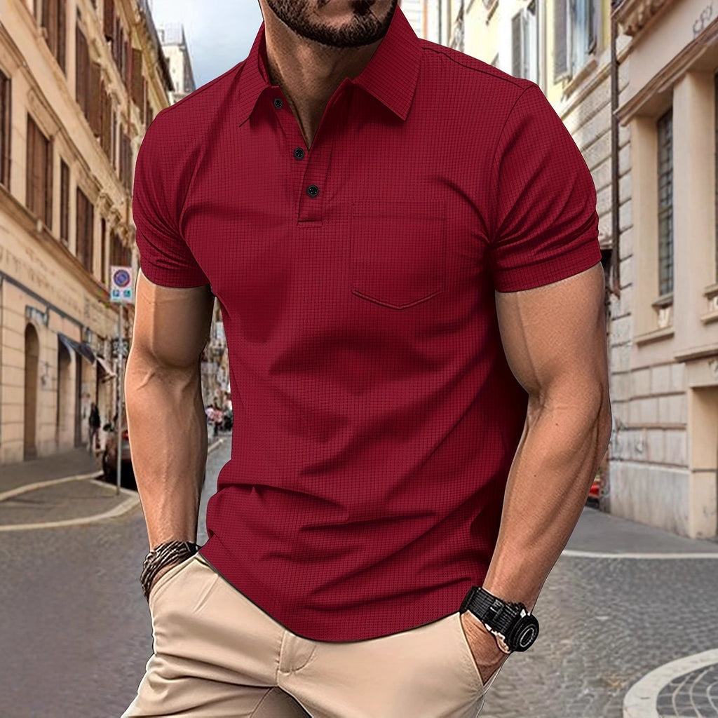 Slim-fitting Turtleneck Pocket Waffle Top with Short Sleeves